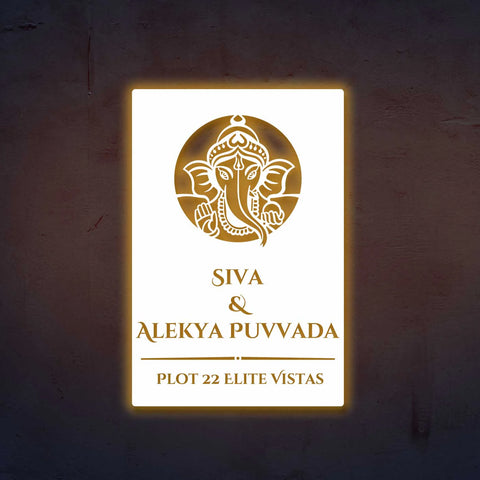 Personalized Laser Cut Ganesha Theme Metal Name Plate for Home – Vertical Steel Name Plate for Entrance & Outdoor