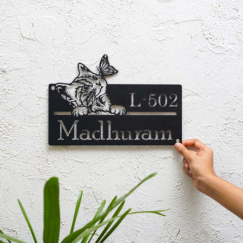 Personalized Cat Theme Metal Name Plate for Home | Weatherproof Design