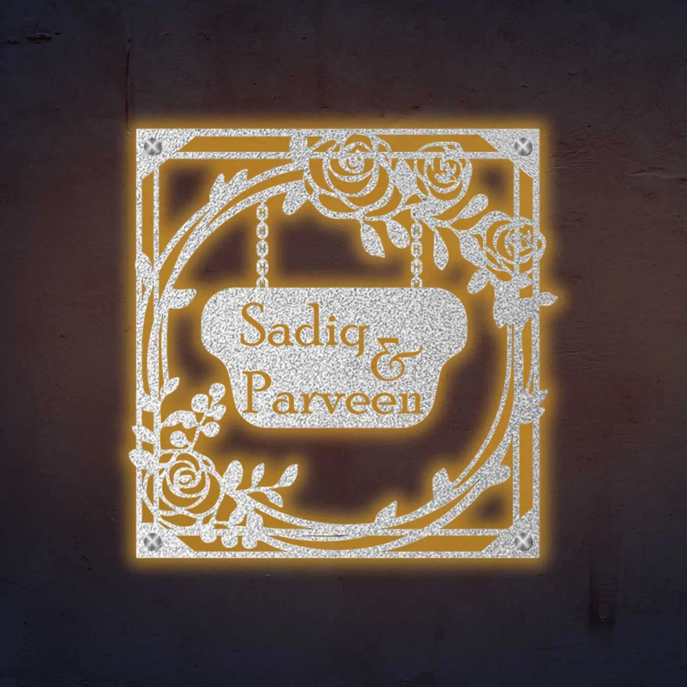 Personalized Metal Name Plate for Home – Rose Theme Steel Design - Harshita Craft