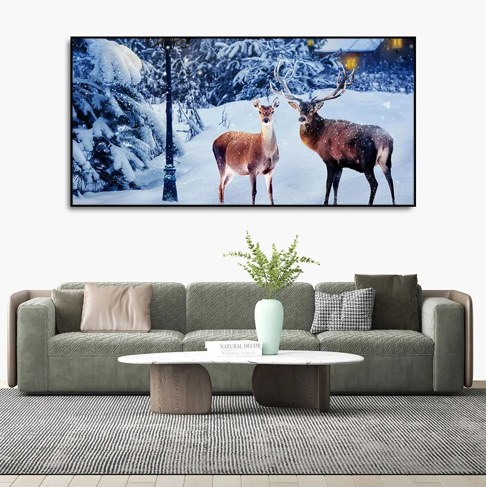 Pair of Red Deer in Snowy Forest Premium Wall Painting Harshita Crafts