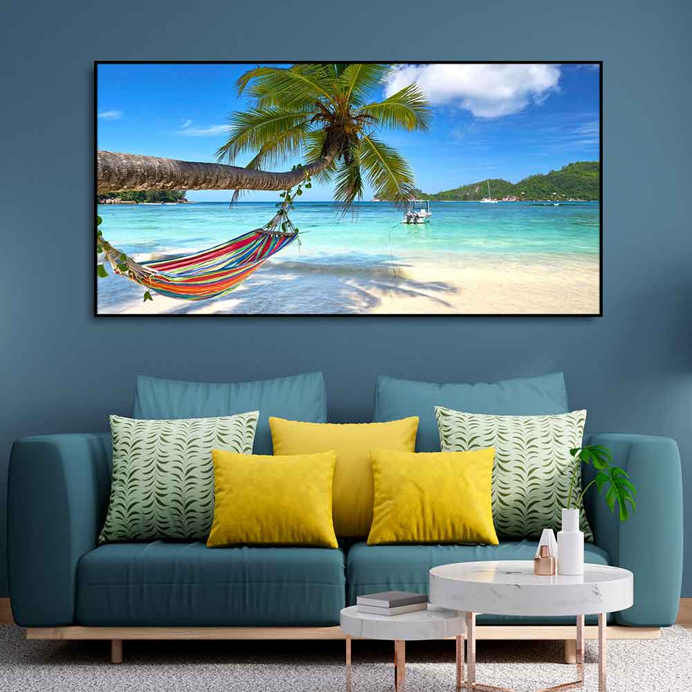 Perfect Beach with Palm Tree and Hammock Premium Canvas Wall Hanging Harshita Crafts