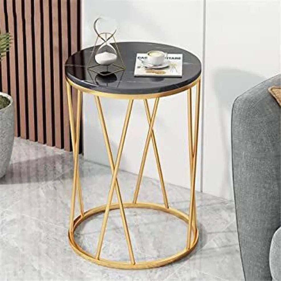 Premium Designer Round Shaped Golden Artistic Side Table with Black Marble - Decor Mantra 