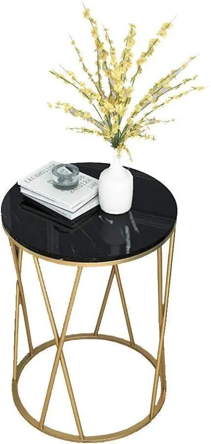 Premium Designer Round Shaped Golden Artistic Side Table with Black Marble - Decor Mantra 