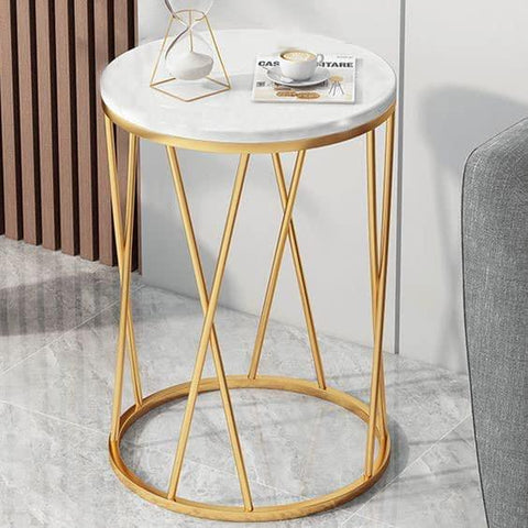Premium Designer Round Shaped Golden Artistic Side Table with White Marble - Decor Mantra 