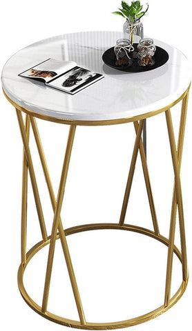 Premium Designer Round Shaped Golden Artistic Side Table with White Marble - Decor Mantra 