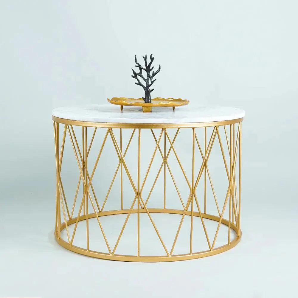 Premium Designer White Marble Round Shape Center Table in Criss Cross Pattern - Decor Mantra 