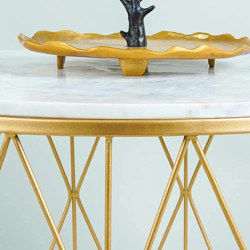 Premium Designer White Marble Round Shape Center Table in Criss Cross Pattern - Decor Mantra 