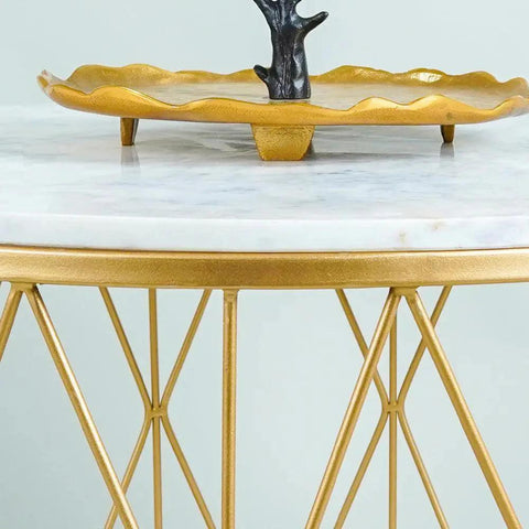 Premium Designer White Marble Round Shape Center Table in Criss Cross Pattern - Decor Mantra 