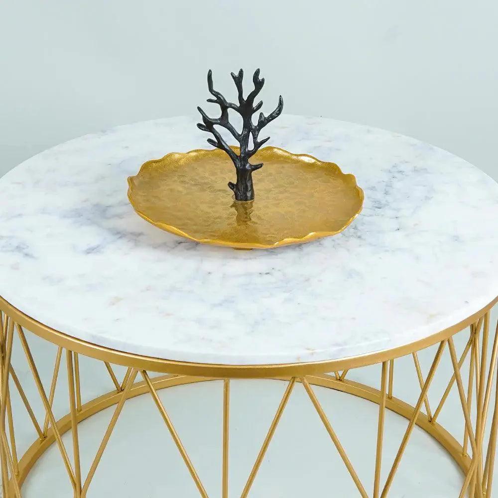 Premium Designer White Marble Round Shape Center Table in Criss Cross Pattern - Decor Mantra 