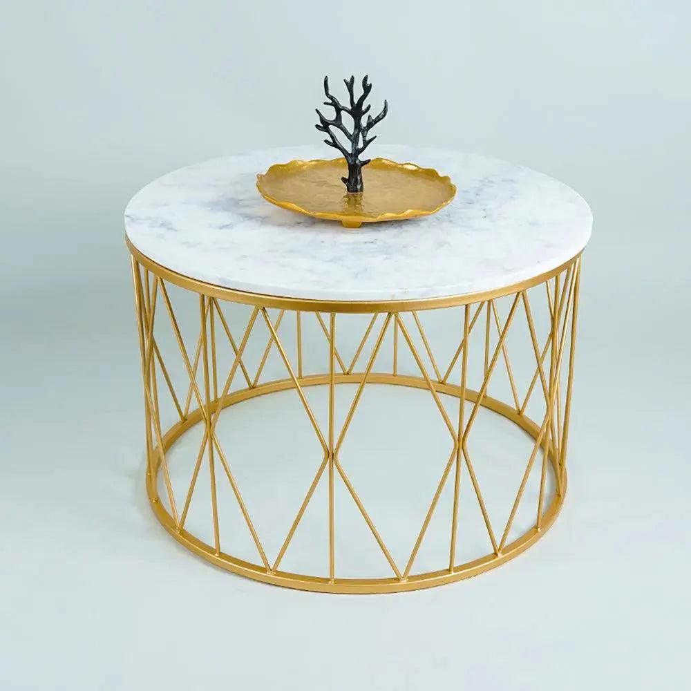 Premium Designer White Marble Round Shape Center Table in Criss Cross Pattern - Decor Mantra 
