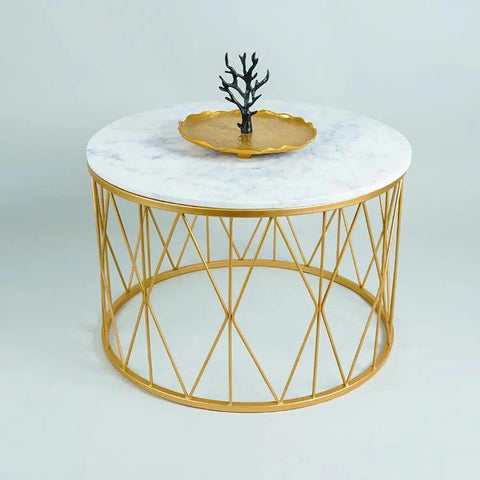 Premium Designer White Marble Round Shape Center Table in Criss Cross Pattern - Decor Mantra 