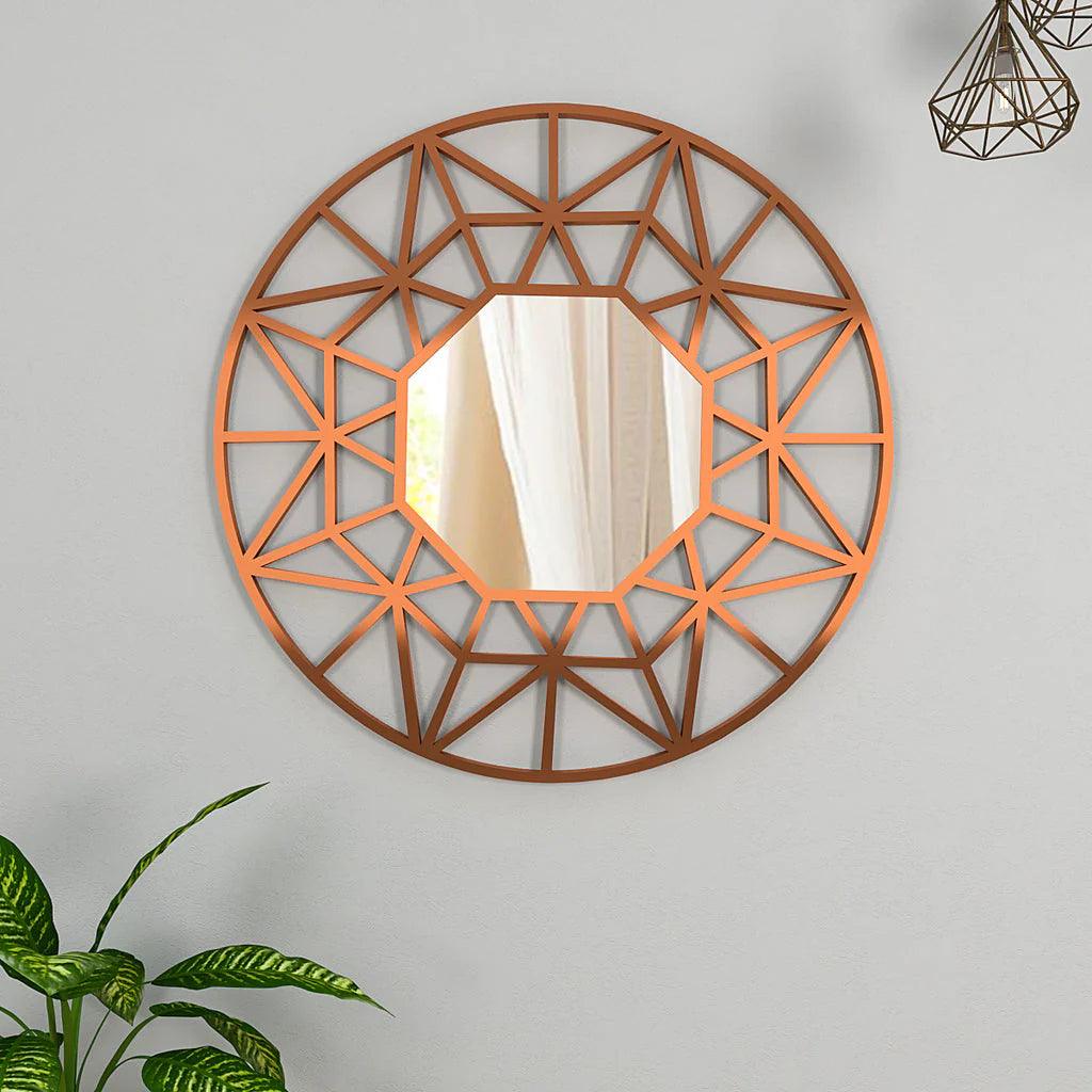 Premium Geometric Cut Copper Finish Designer Wall Mirror - Decor Mantra 