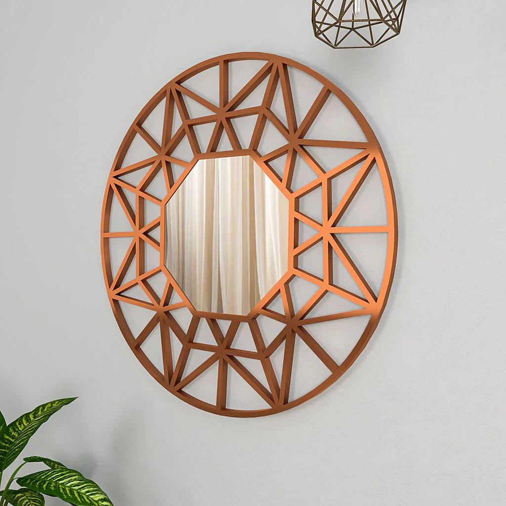 Premium Geometric Cut Copper Finish Designer Wall Mirror - Decor Mantra 