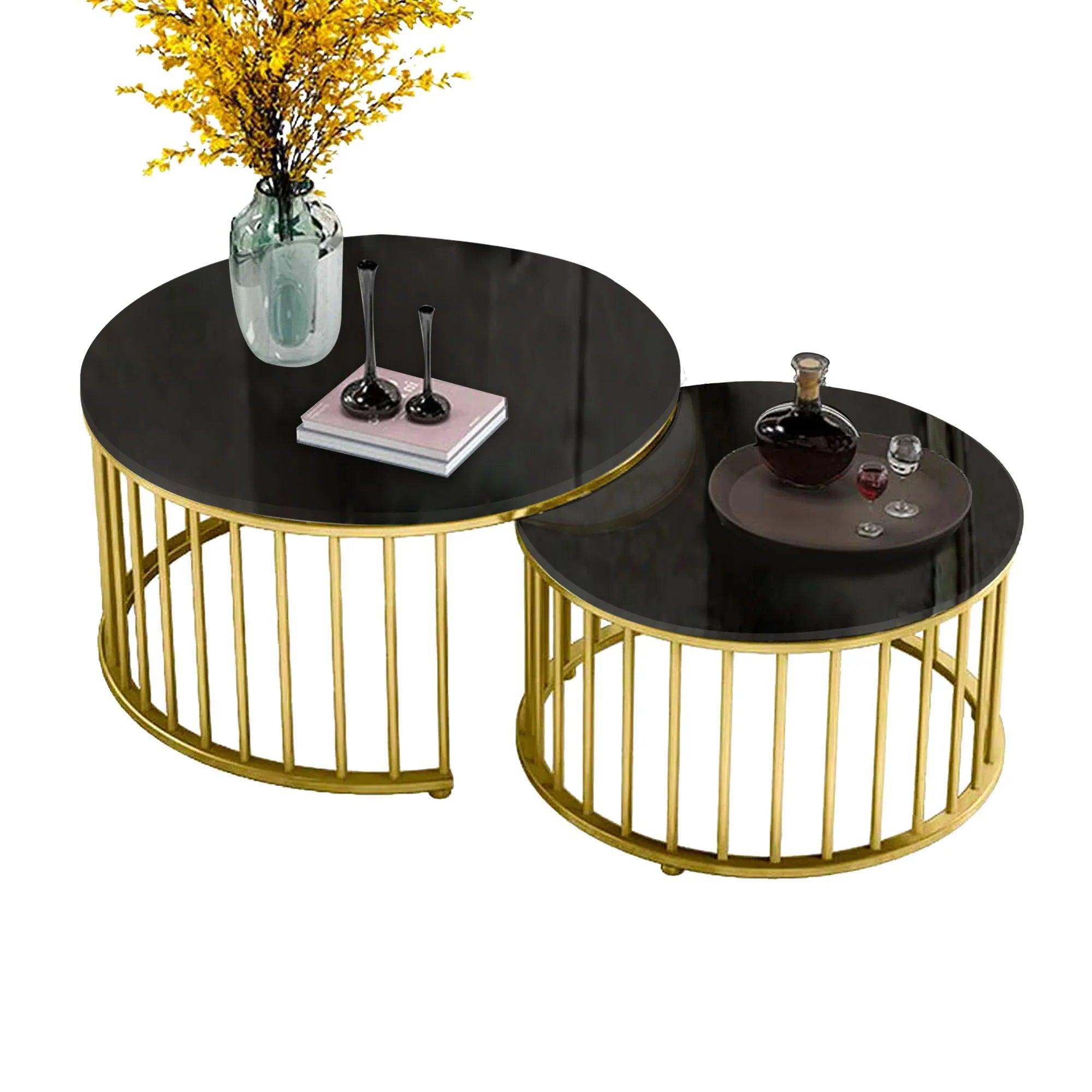 Premium Golden Caged with Black Marble Table Set of 2 - Decor Mantra 