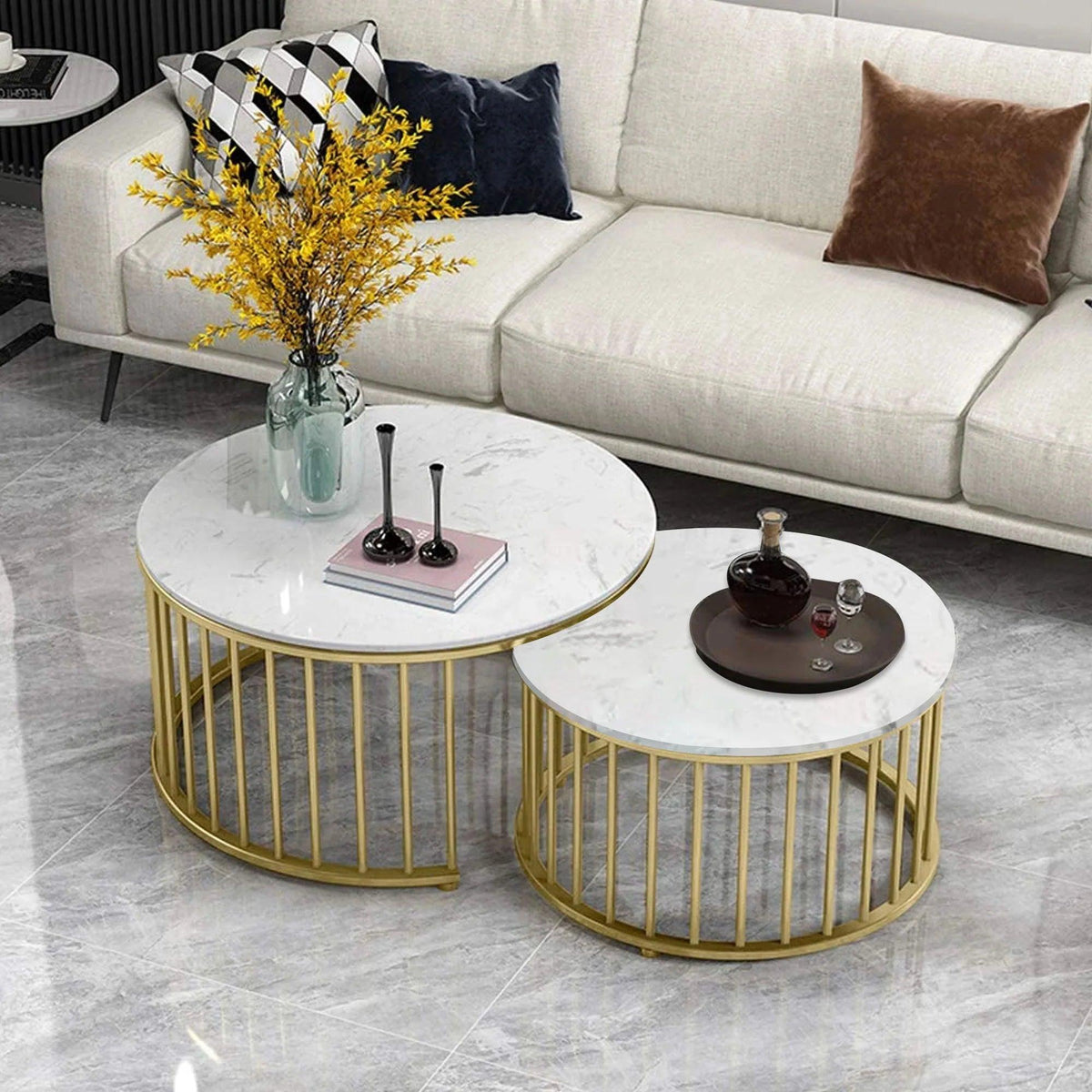 Premium Golden Caged with White Marble Table Set of 2 - Decor Mantra 