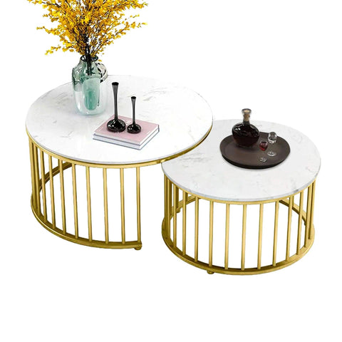 Premium Golden Caged with White Marble Table Set of 2 - Decor Mantra 