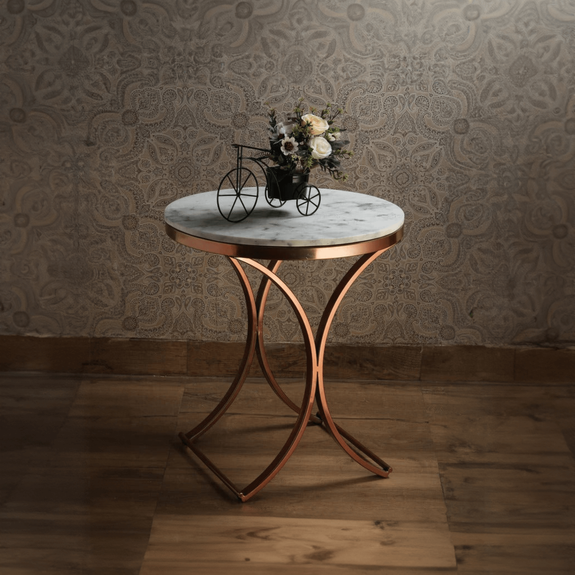 Premium Copper Metal Finish Coffee Side Table with Marble Top - Decor Mantra 