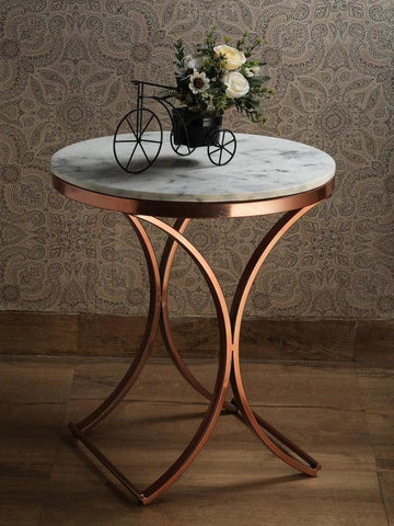 Premium Copper Metal Finish Coffee Side Table with Marble Top - Decor Mantra 