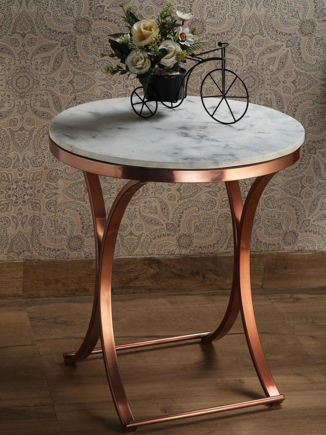 Premium Copper Metal Finish Coffee Side Table with Marble Top - Decor Mantra 