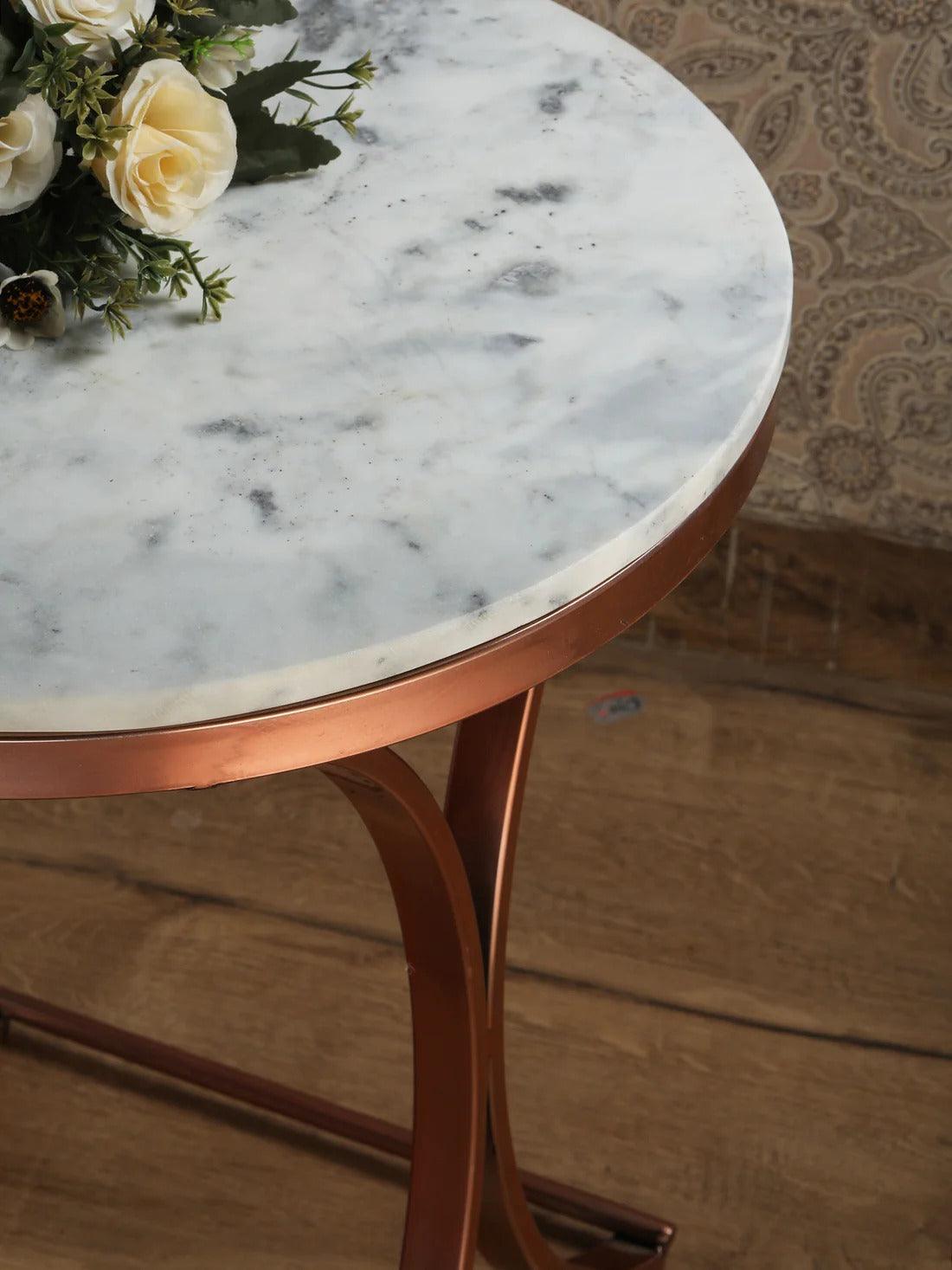 Premium Copper Metal Finish Coffee Side Table with Marble Top - Decor Mantra 
