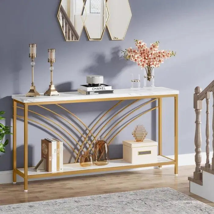 Premium Modern Faux Marble Console Table with 2 Tier Storage Shelf - Decor Mantra 