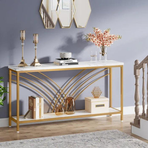 Premium Modern Faux Marble Console Table with 2 Tier Storage Shelf - Decor Mantra 