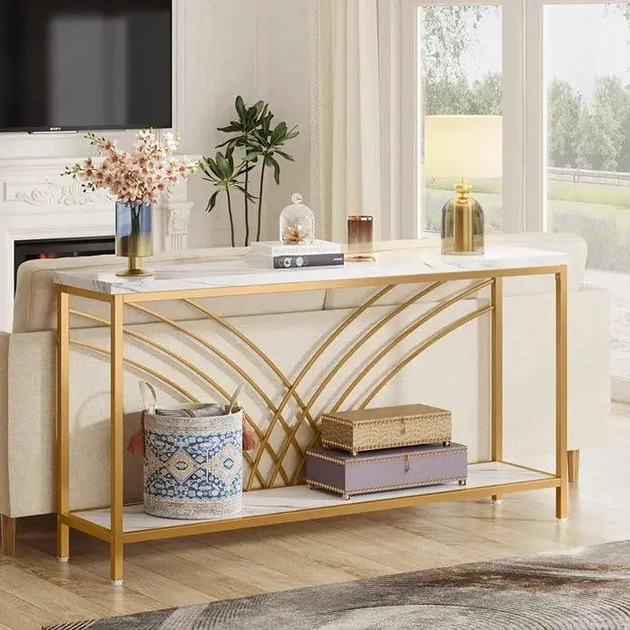 Premium Modern Faux Marble Console Table with 2 Tier Storage Shelf - Decor Mantra 