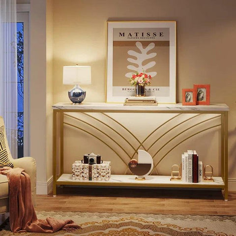 Premium Modern Faux Marble Console Table with 2 Tier Storage Shelf - Decor Mantra 