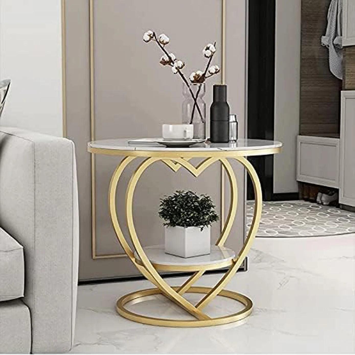 Premium Modern Heart Shaped Golden Metal Finish with White Marble Night Stand Side Table - Decor Mantra 