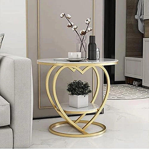 Premium Modern Heart Shaped Golden Metal Finish with White Marble Night Stand Side Table - Decor Mantra 