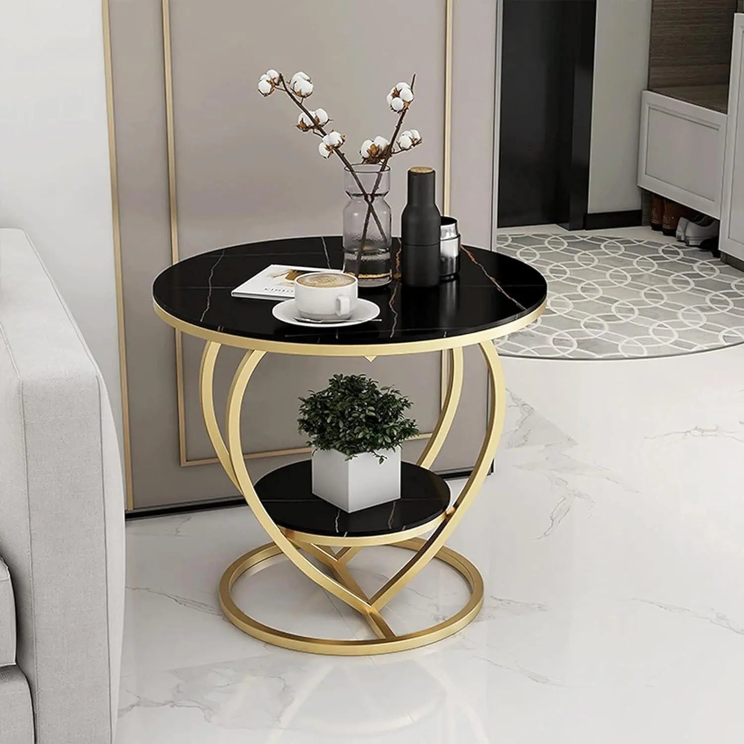 Premium Modern Heart Shaped Golden Metal with Black Marble Night Stand Side Table - Decor Mantra 