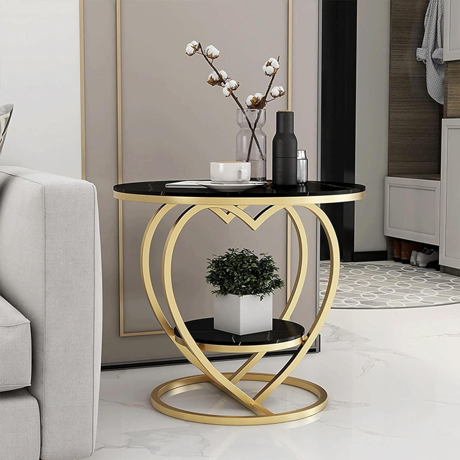 Premium Modern Heart Shaped Golden Metal with Black Marble Night Stand Side Table - Decor Mantra 