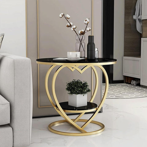 Premium Modern Heart Shaped Golden Metal with Black Marble Night Stand Side Table - Decor Mantra 