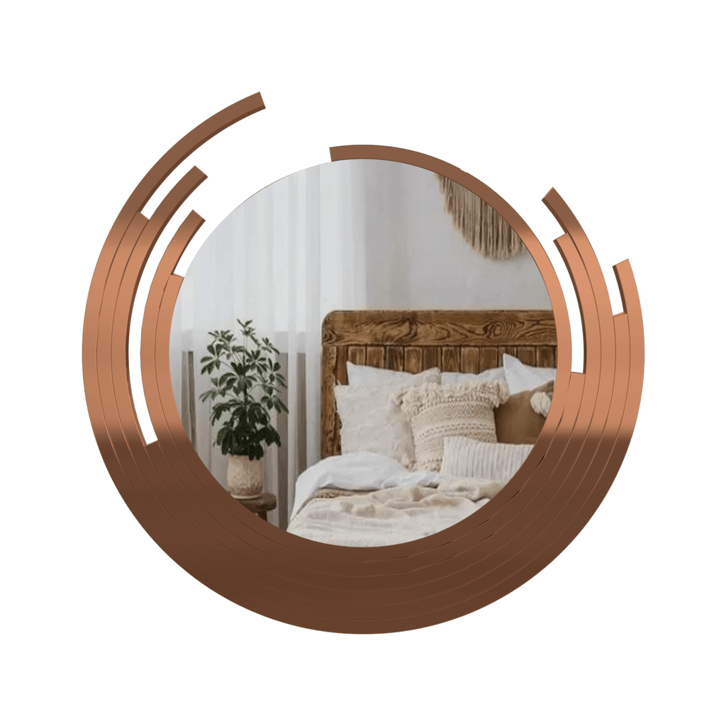 Premium Quality Asymmetric Designer Copper Finish Round Wall Mirror - Decor Mantra 