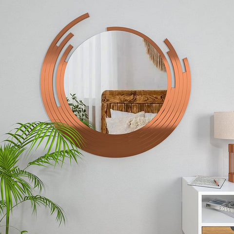 Premium Quality Asymmetric Designer Copper Finish Round Wall Mirror - Decor Mantra 
