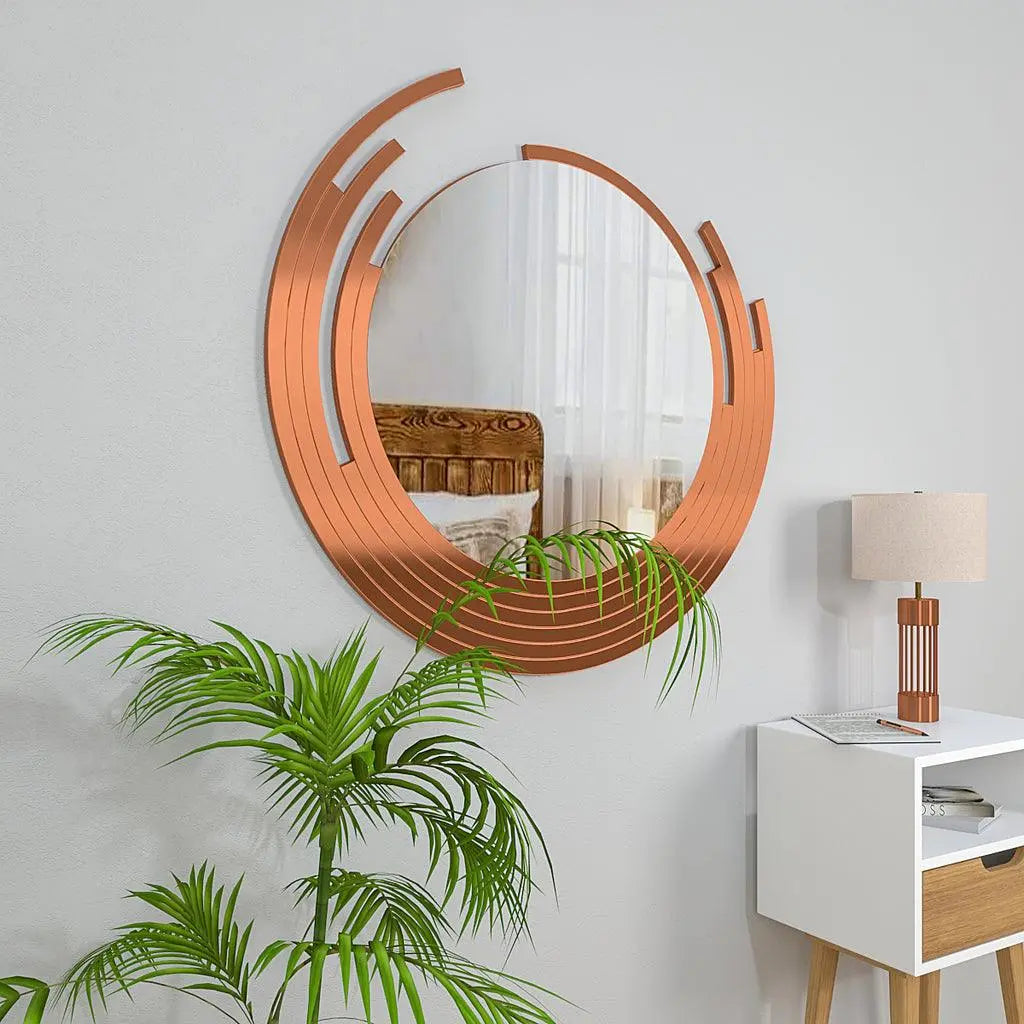 Premium Quality Asymmetric Designer Copper Finish Round Wall Mirror - Decor Mantra 