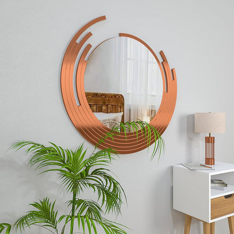 Premium Quality Asymmetric Designer Copper Finish Round Wall Mirror - Decor Mantra 