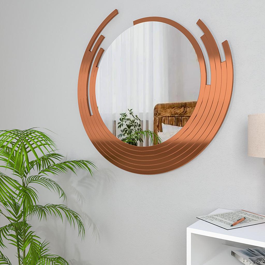 Premium Quality Asymmetric Designer Copper Finish Round Wall Mirror - Decor Mantra 