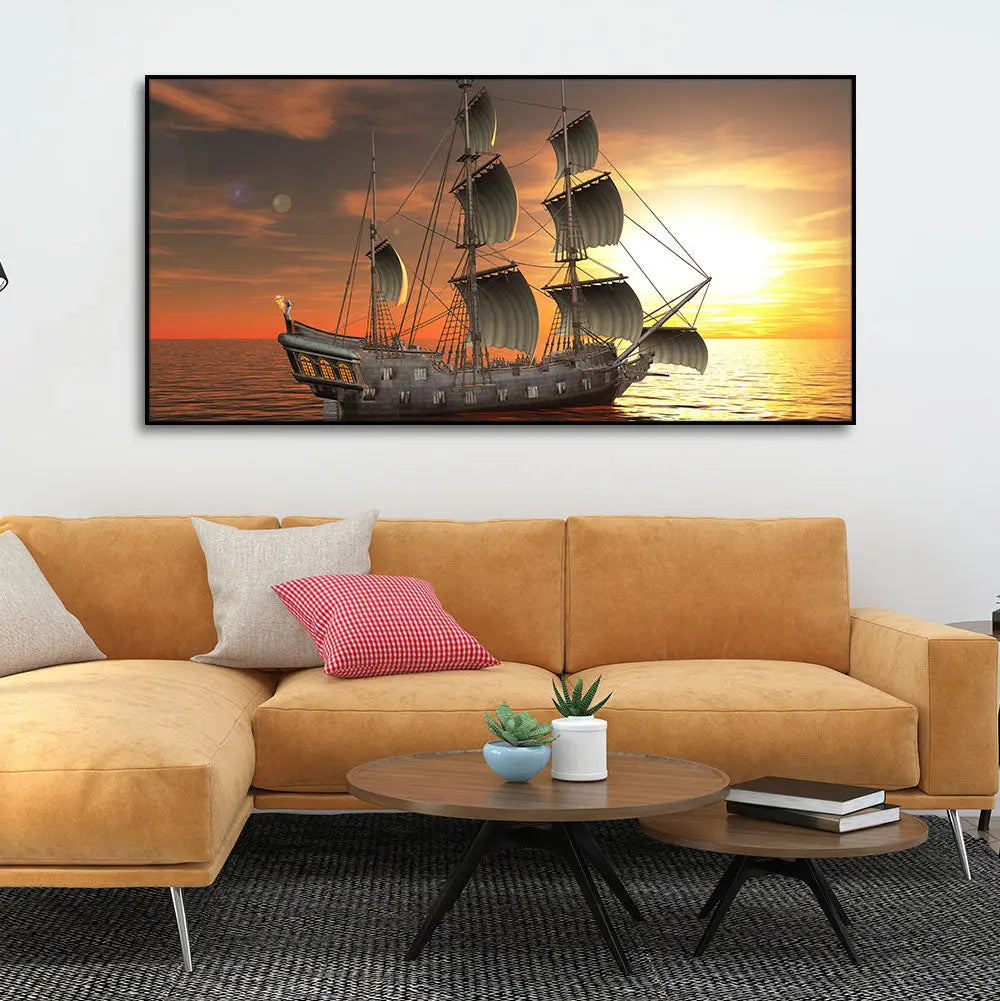 Premium Wall Painting of 3D Sailing Ship in Sunset Harshita Crafts