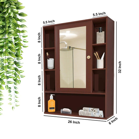Premium Wooden Brown Bathroom Cabinet with Mirror & 9 Spacious Shelves - Decor Mantra 