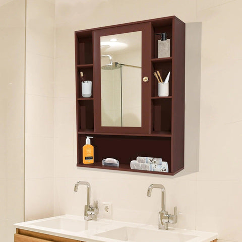 Premium Wooden Brown Bathroom Cabinet with Mirror & 9 Spacious Shelves - Decor Mantra 