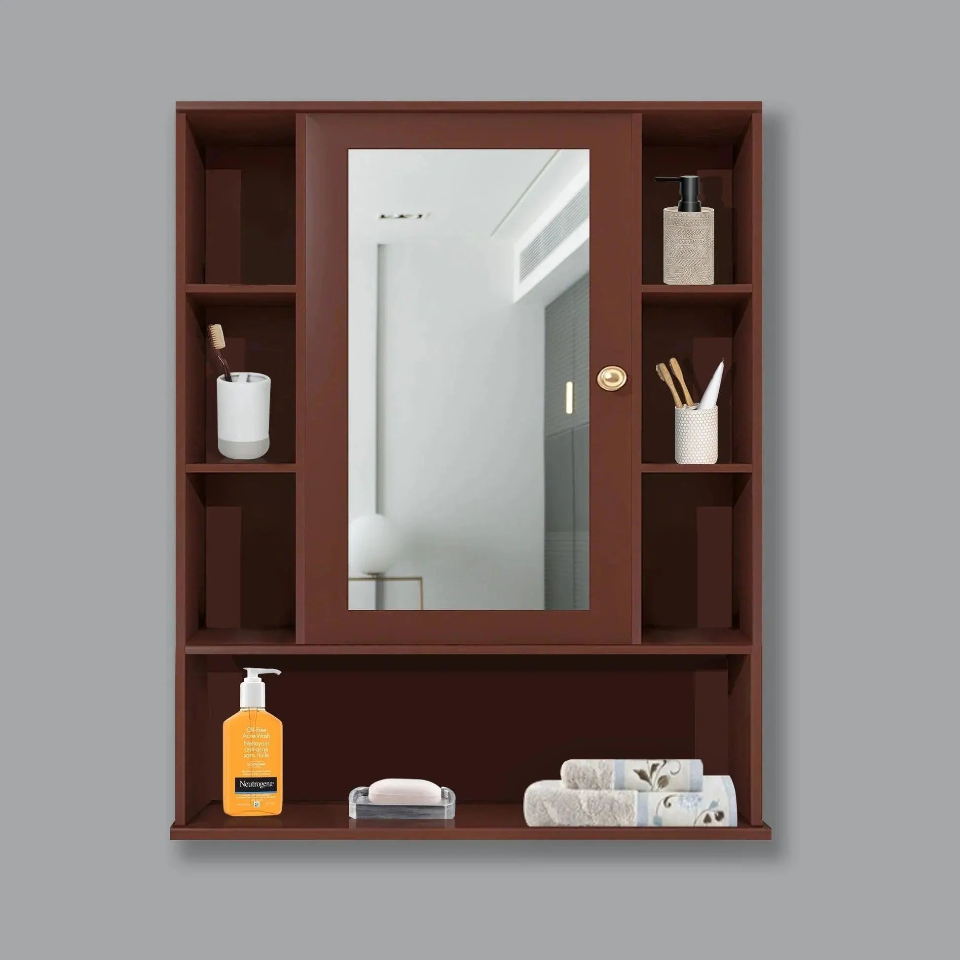Premium Wooden Brown Bathroom Cabinet with Mirror & 9 Spacious Shelves - Decor Mantra 