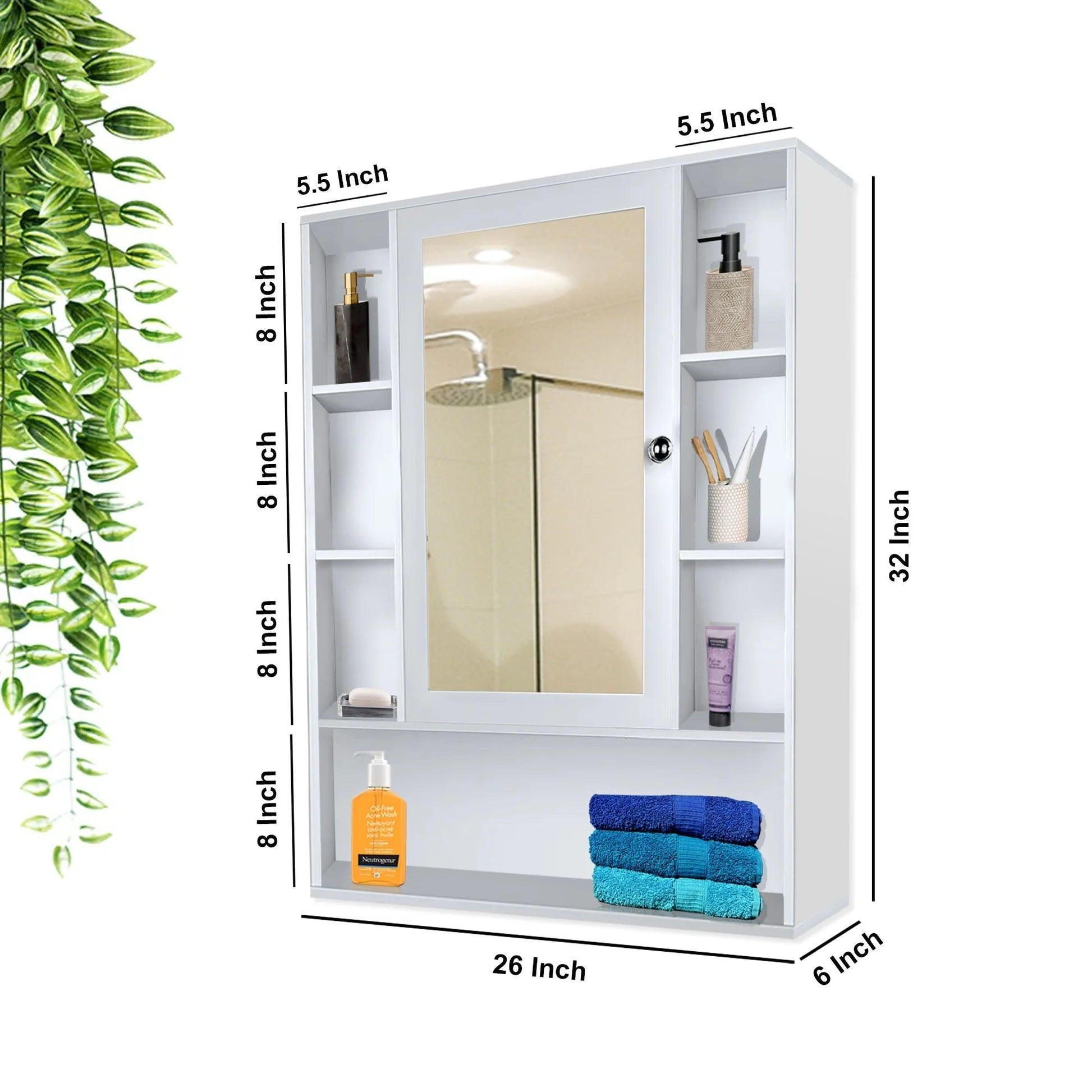 Premium Wooden White Bathroom Cabinet with Mirror & 9 Spacious Shelves - Decor Mantra 