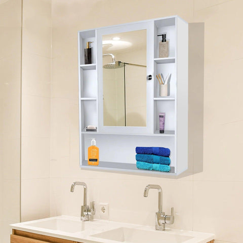 Premium Wooden White Bathroom Cabinet with Mirror & 9 Spacious Shelves - Decor Mantra 