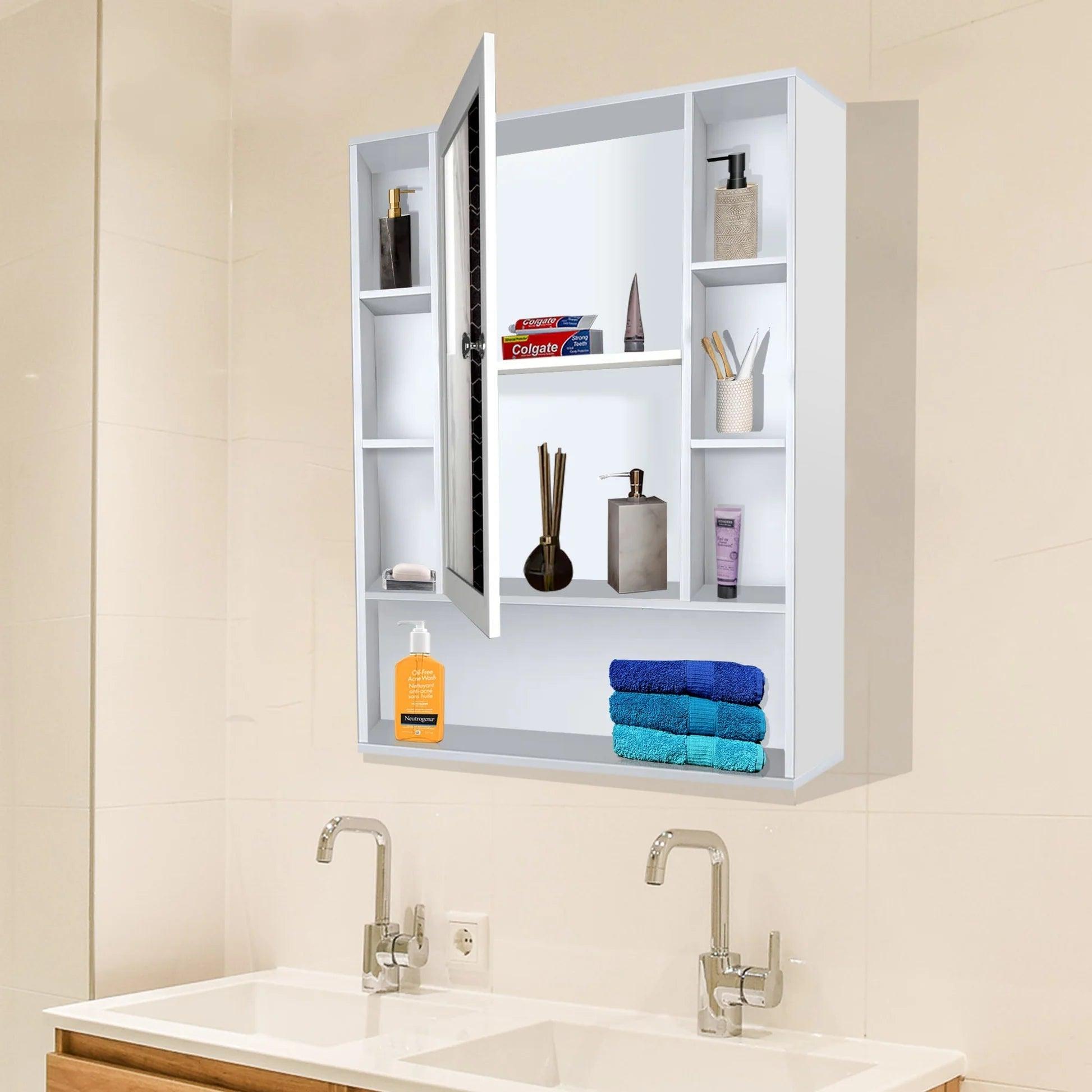 Premium Wooden White Bathroom Cabinet with Mirror & 9 Spacious Shelves - Decor Mantra 