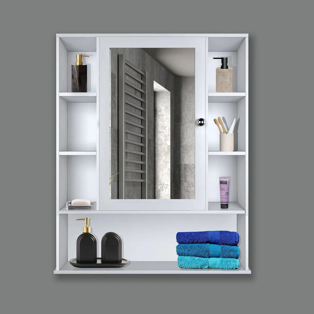 Premium Wooden White Bathroom Cabinet with Mirror & 9 Spacious Shelves - Decor Mantra 