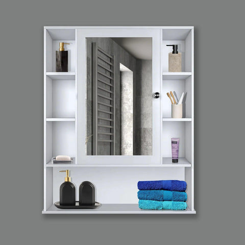 Premium Wooden White Bathroom Cabinet with Mirror & 9 Spacious Shelves - Decor Mantra 