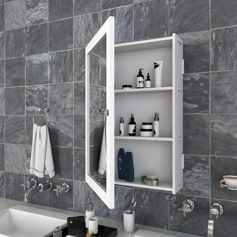 Rectangular Structured Wooden Bathroom Cabinet Mirror with 3 Spacious Shelves White Finish - Decor Mantra 