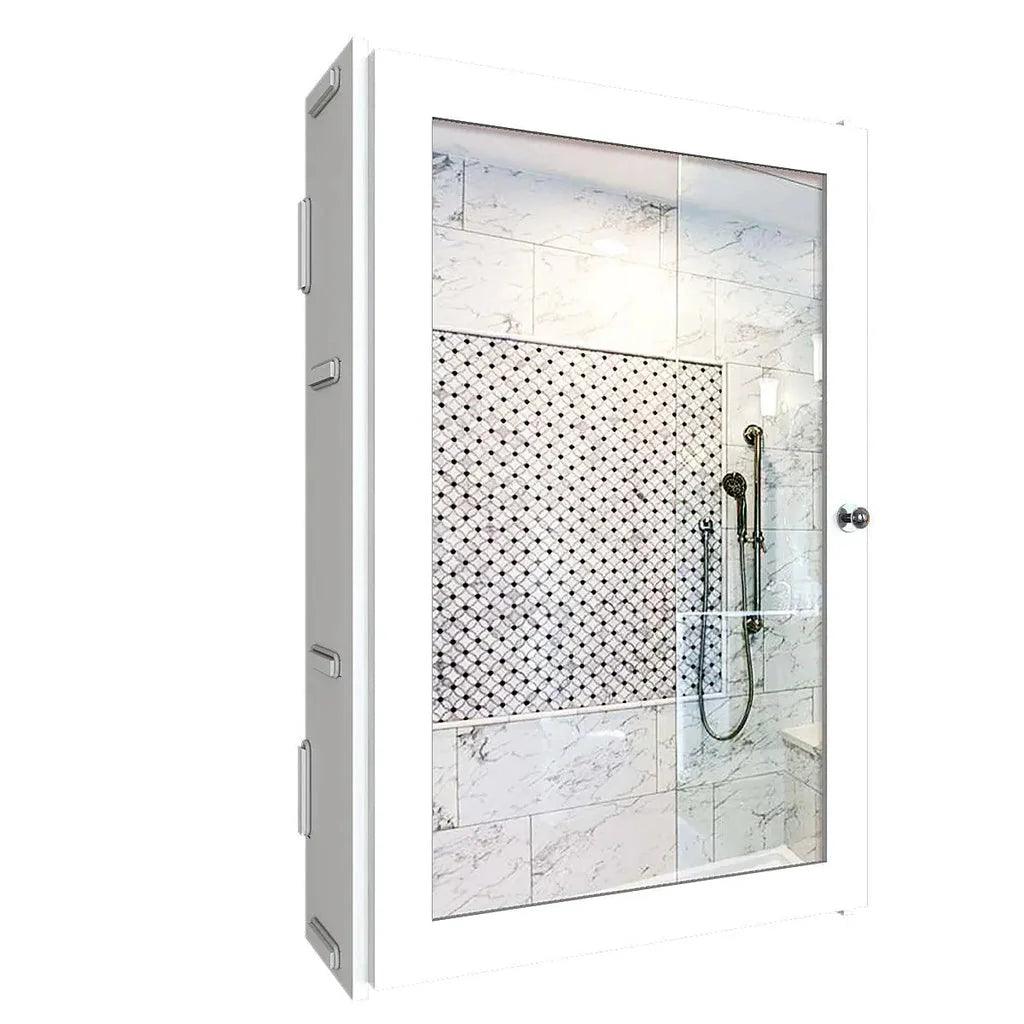 Rectangular Structured Wooden Bathroom Cabinet Mirror with 3 Spacious Shelves White Finish - Decor Mantra 