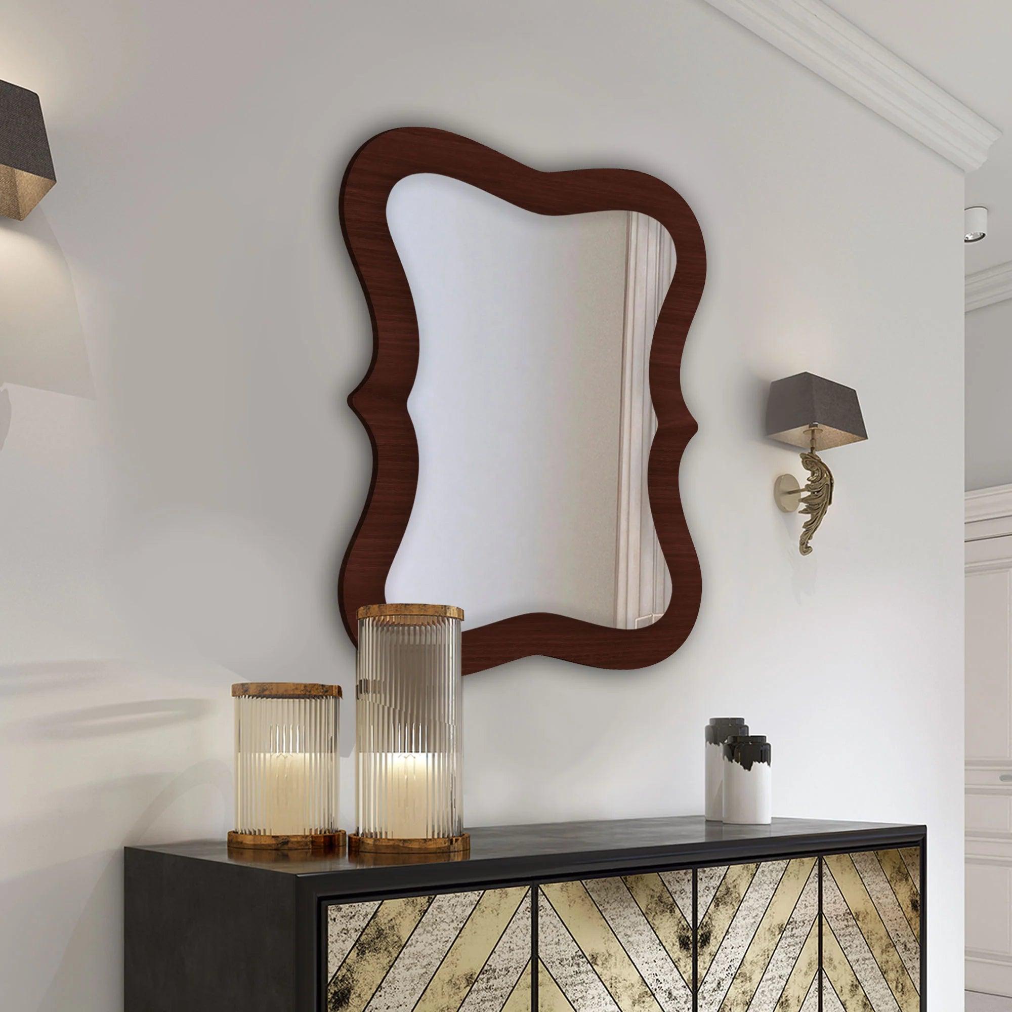 Rectangular Wavy Shaped Wooden Wall Mirror - Decor Mantra 